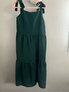 Women’s Linen Pinafore Dress Uma- Dark Green Tiered Maxi Dress with Tie Straps